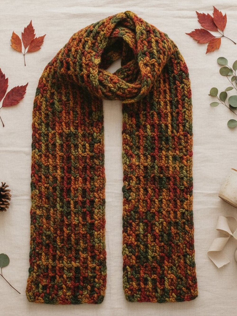 Autumn Leaves Waffle Stitch Crochet Scarf | Comfy Handmade Unisex Scarf